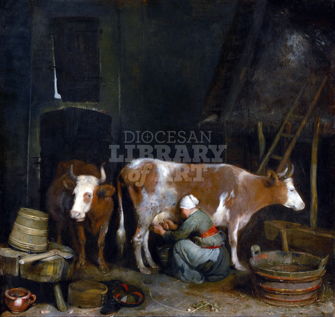 A Maid Milking a Cow in a Barn