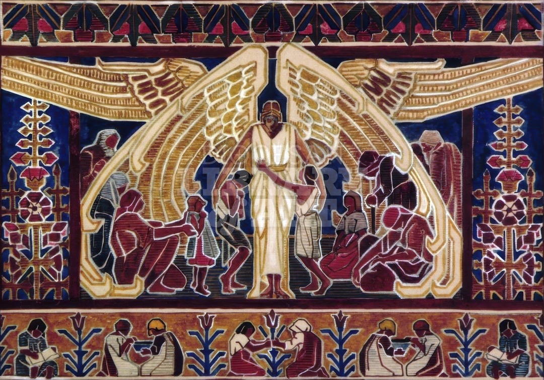 Character with Wings Covering Children and Adults