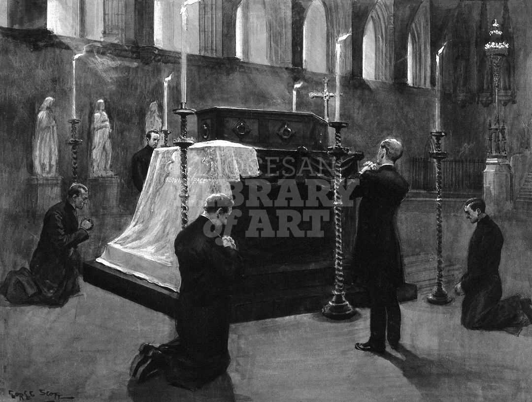 The Coffin of W.E. Gladstone Lying in State in Westminister Hall Attended by Five Men Praying