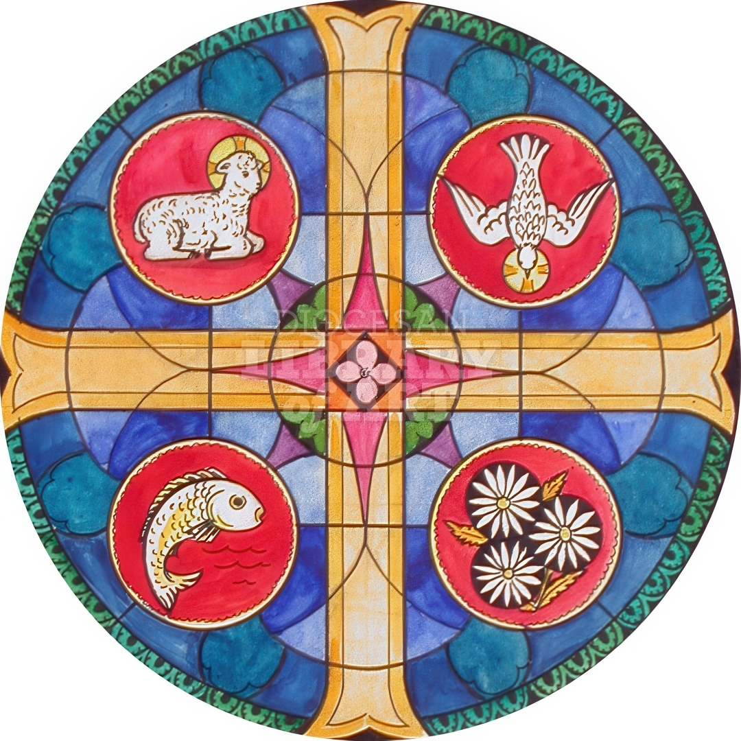Stained Glass Window with Tondo, Cross, Lamb, Dove, Flowers, and Fish