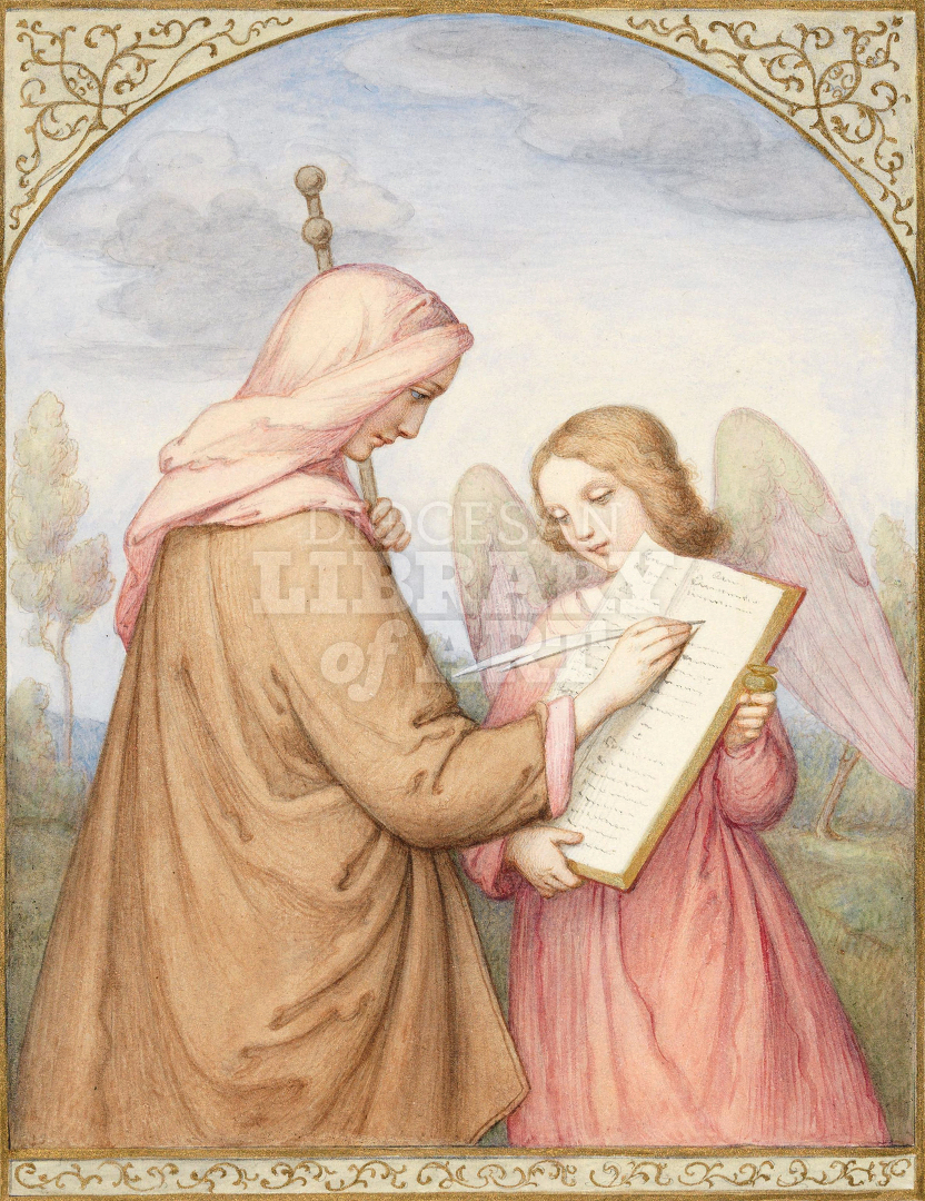 The Pilgrim Inscribing Herself in the Book of God held by an Angel