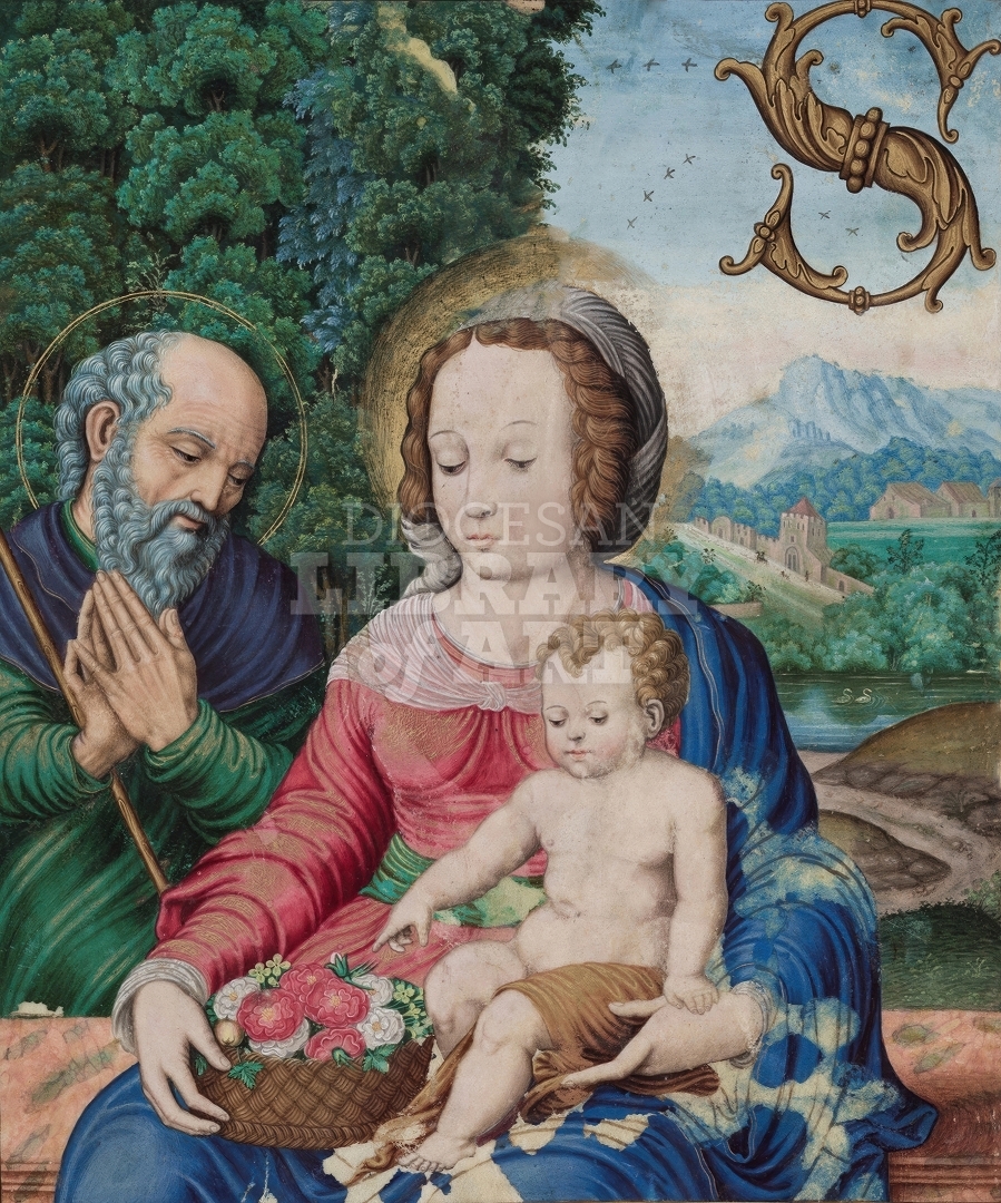 Leaf Fragment with Framed Miniature with Holy Family and Initial S